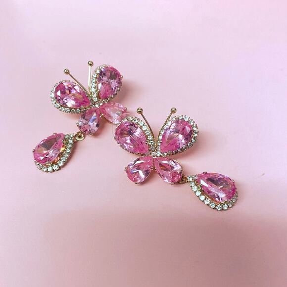 Statement Butterfly Earrings Candy Pink Zirconia Crystals - Picture 3 of 5
